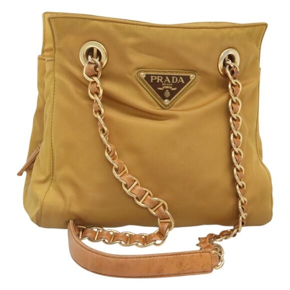 PRADA Chain Shoulder Bag Nylon Yellow Gold Auth bs26353 - Picture 1 of 16
